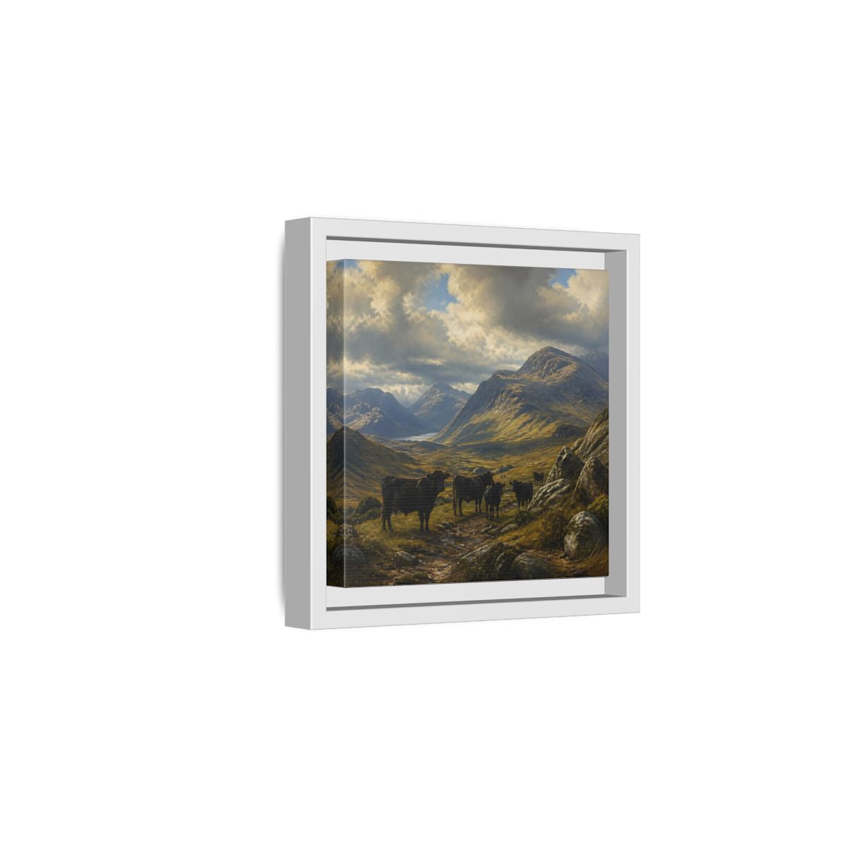 Side Mockup 1. Mountain Landscape With Cattle shown as framed canvas print