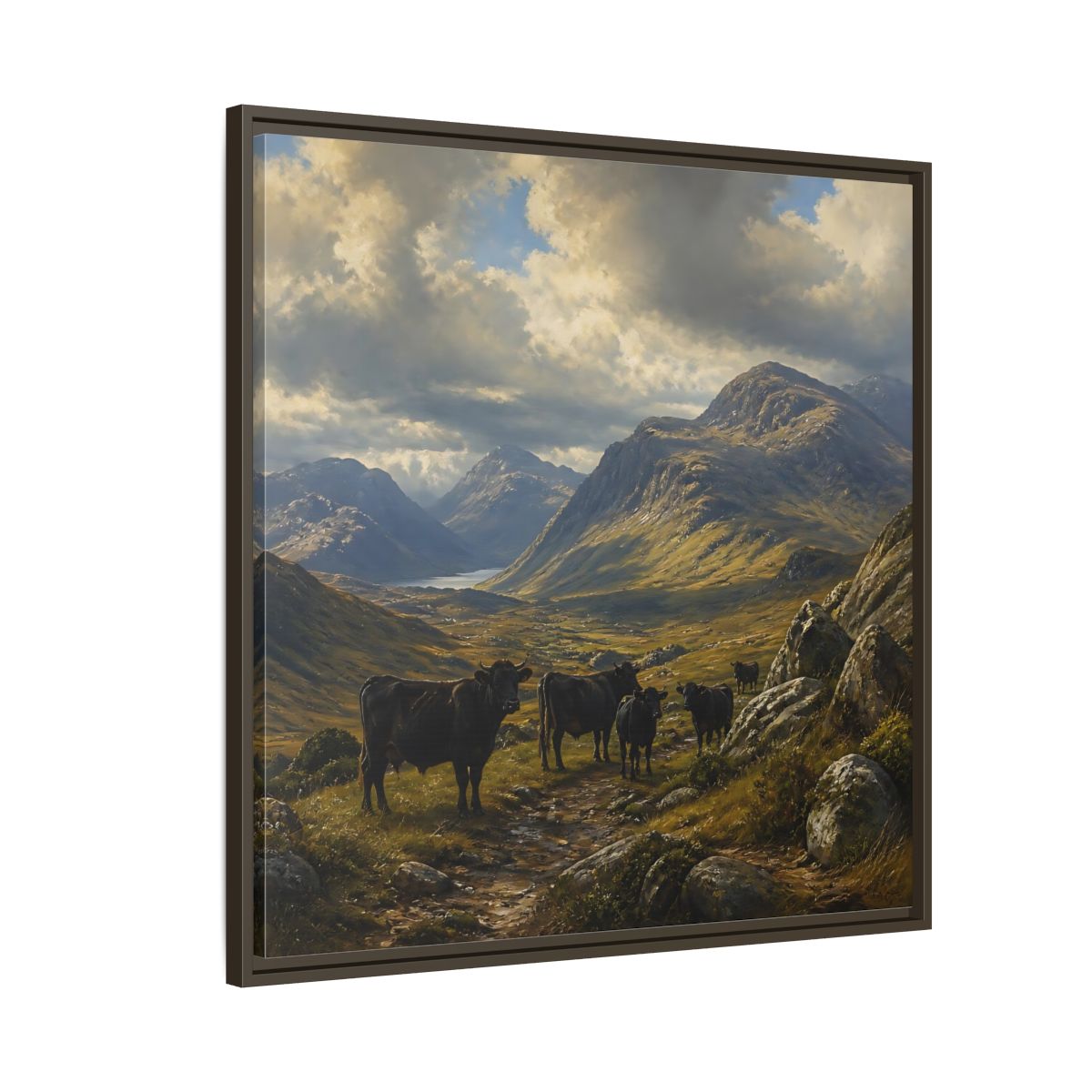 Side Mockup 8. Mountain Landscape With Cattle shown as framed canvas print