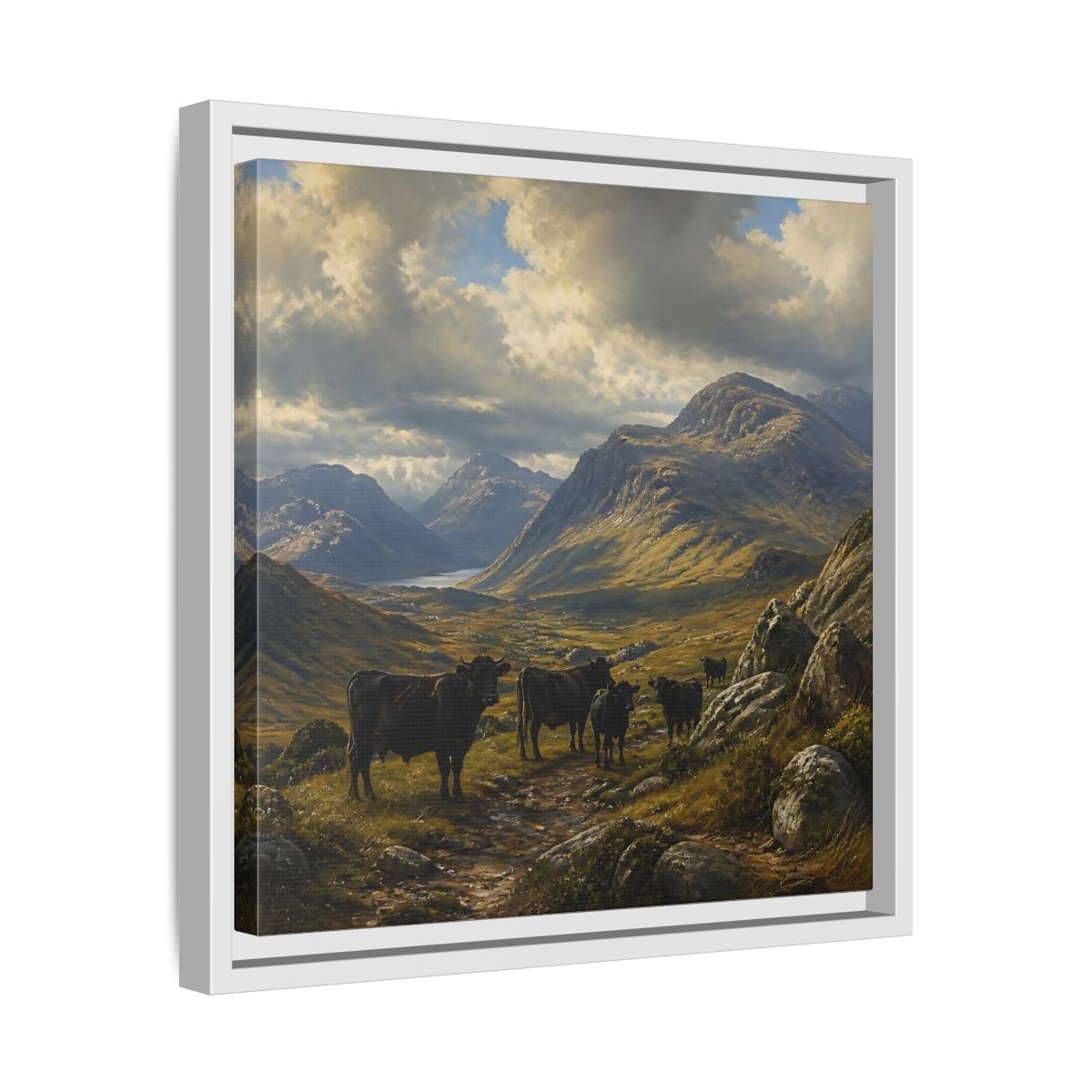 Side Mockup 28. Mountain Landscape With Cattle shown as framed canvas print