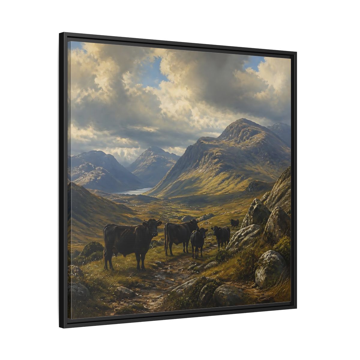 Side Mockup 30. Mountain Landscape With Cattle shown as framed canvas print