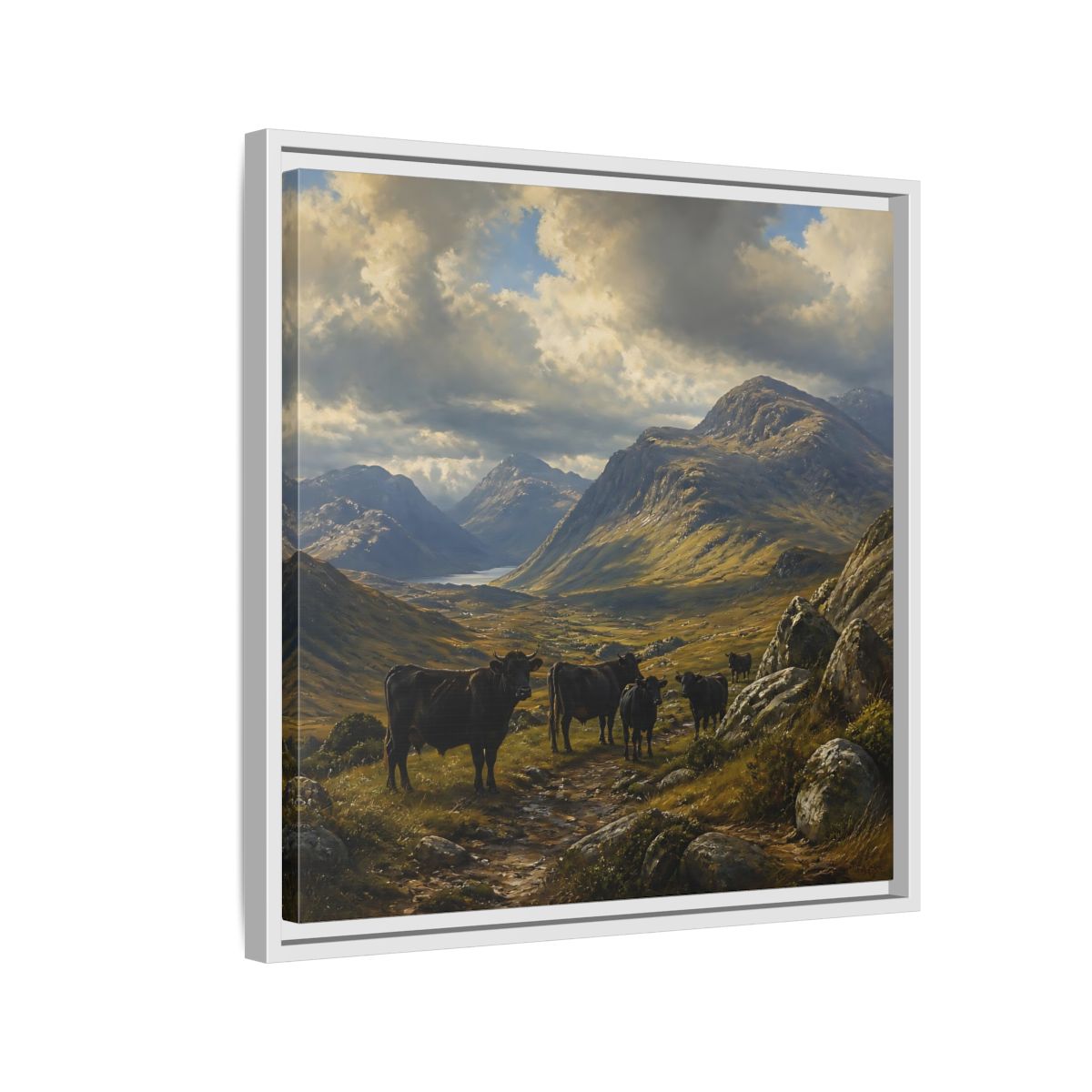 Side Mockup 10. Mountain Landscape With Cattle shown as framed canvas print