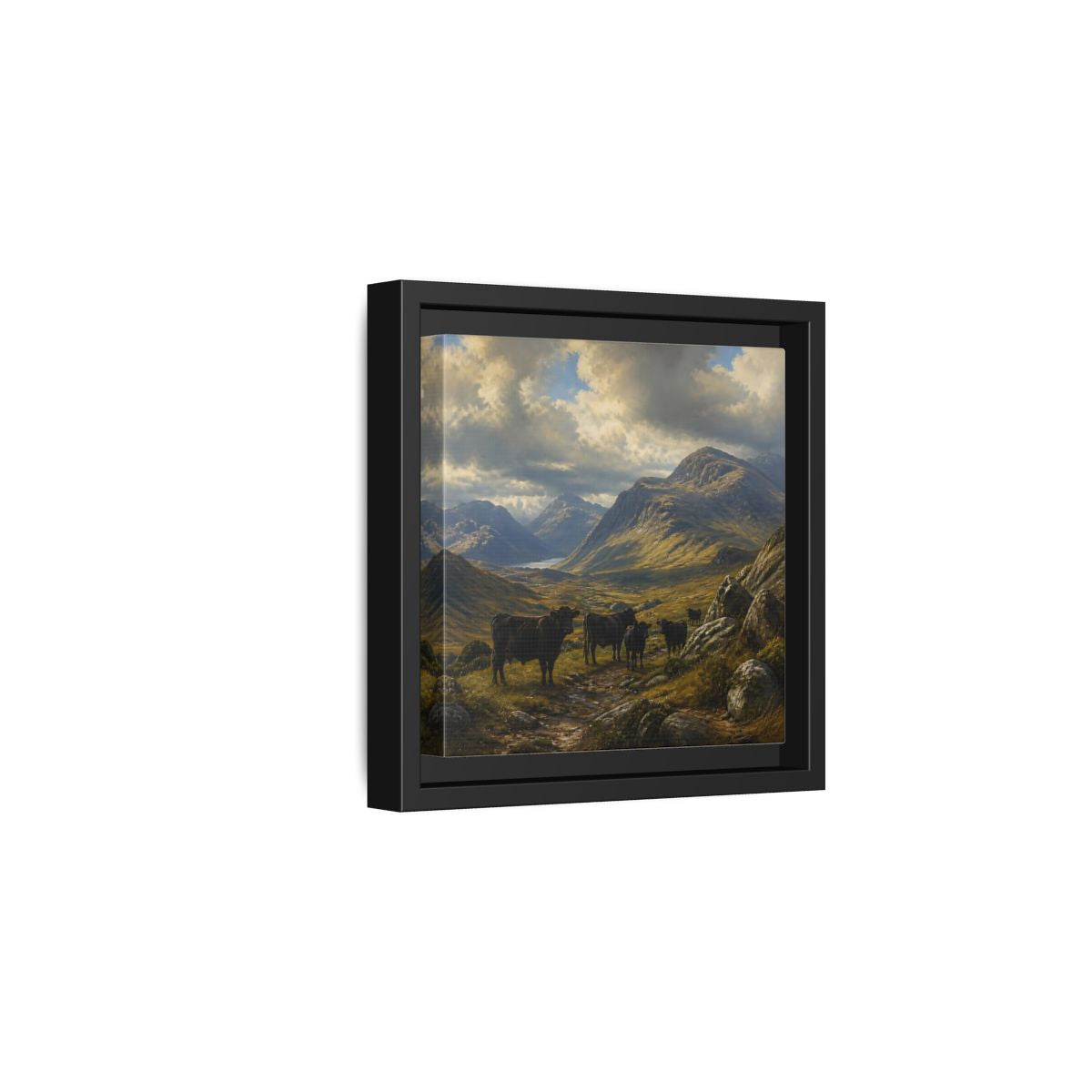 Side Mockup 3. Mountain Landscape With Cattle shown as framed canvas print