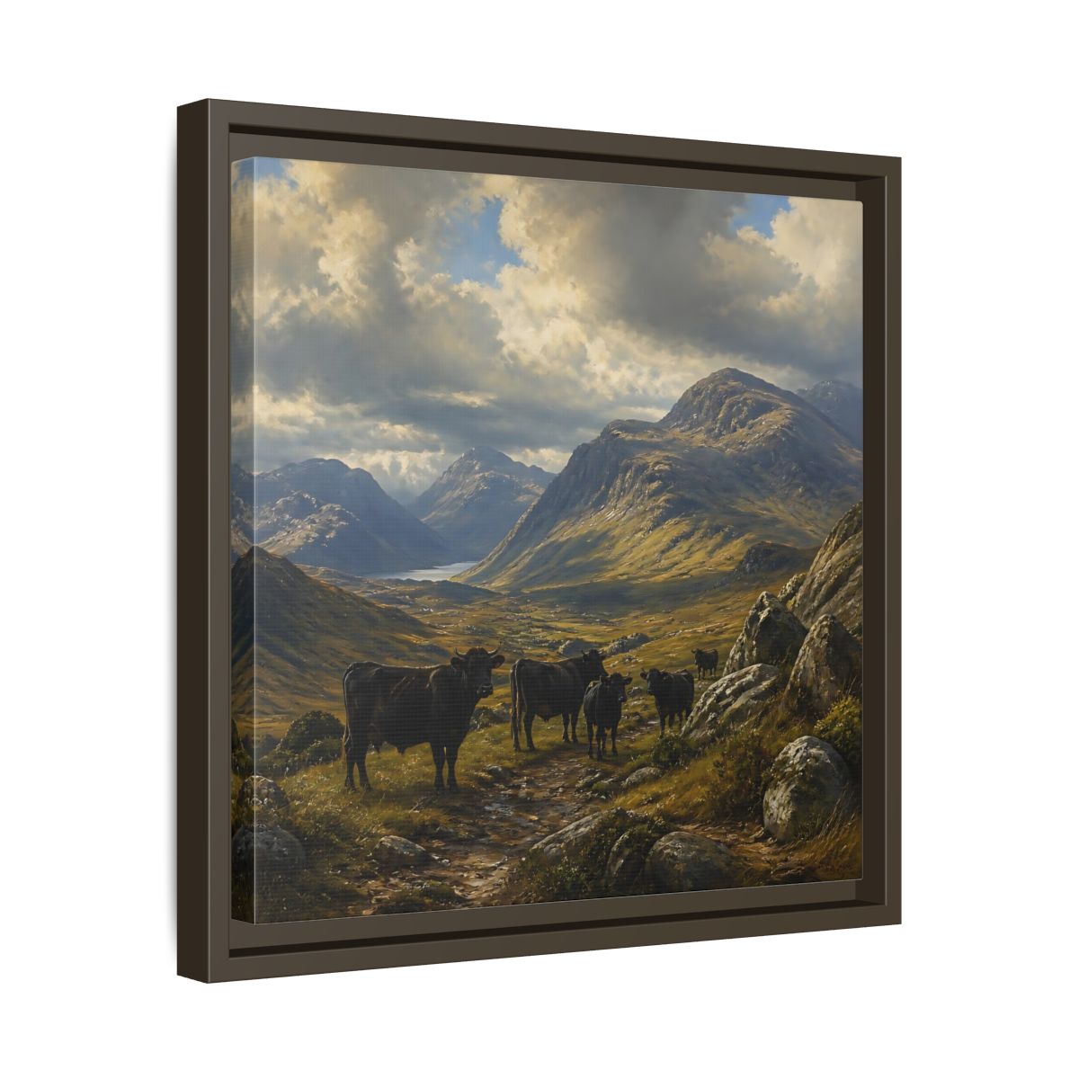 Side Mockup 29. Mountain Landscape With Cattle shown as framed canvas print