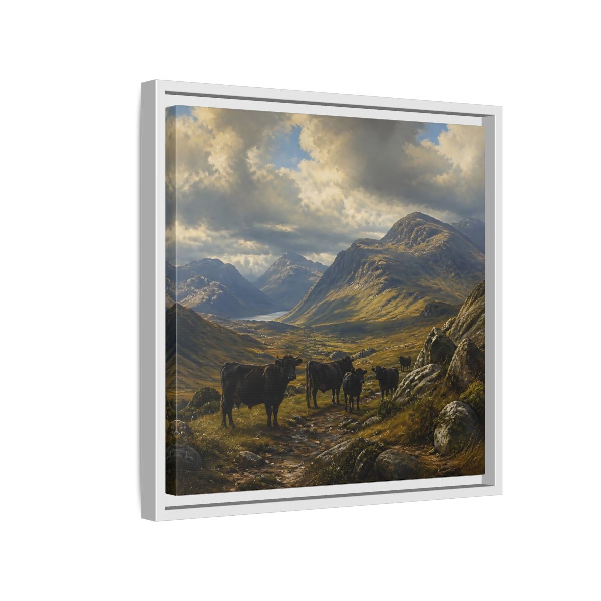 Side Mockup 13. Mountain Landscape With Cattle shown as framed canvas print