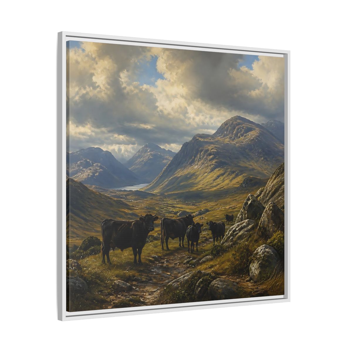 Side Mockup 25. Mountain Landscape With Cattle shown as framed canvas print
