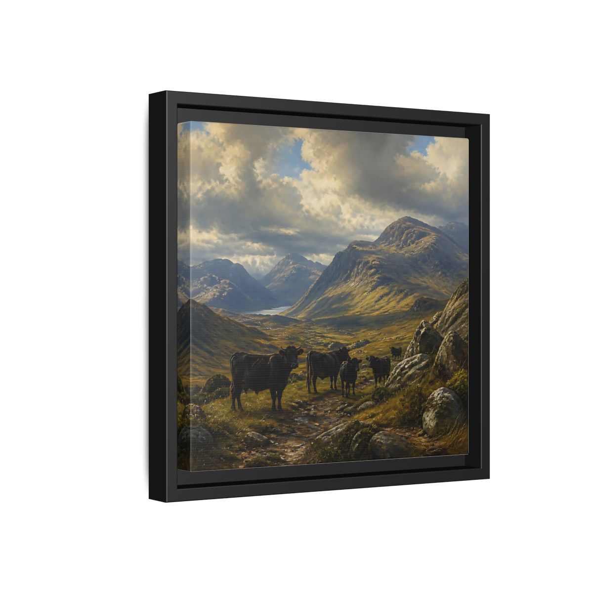 Side Mockup 18. Mountain Landscape With Cattle shown as framed canvas print