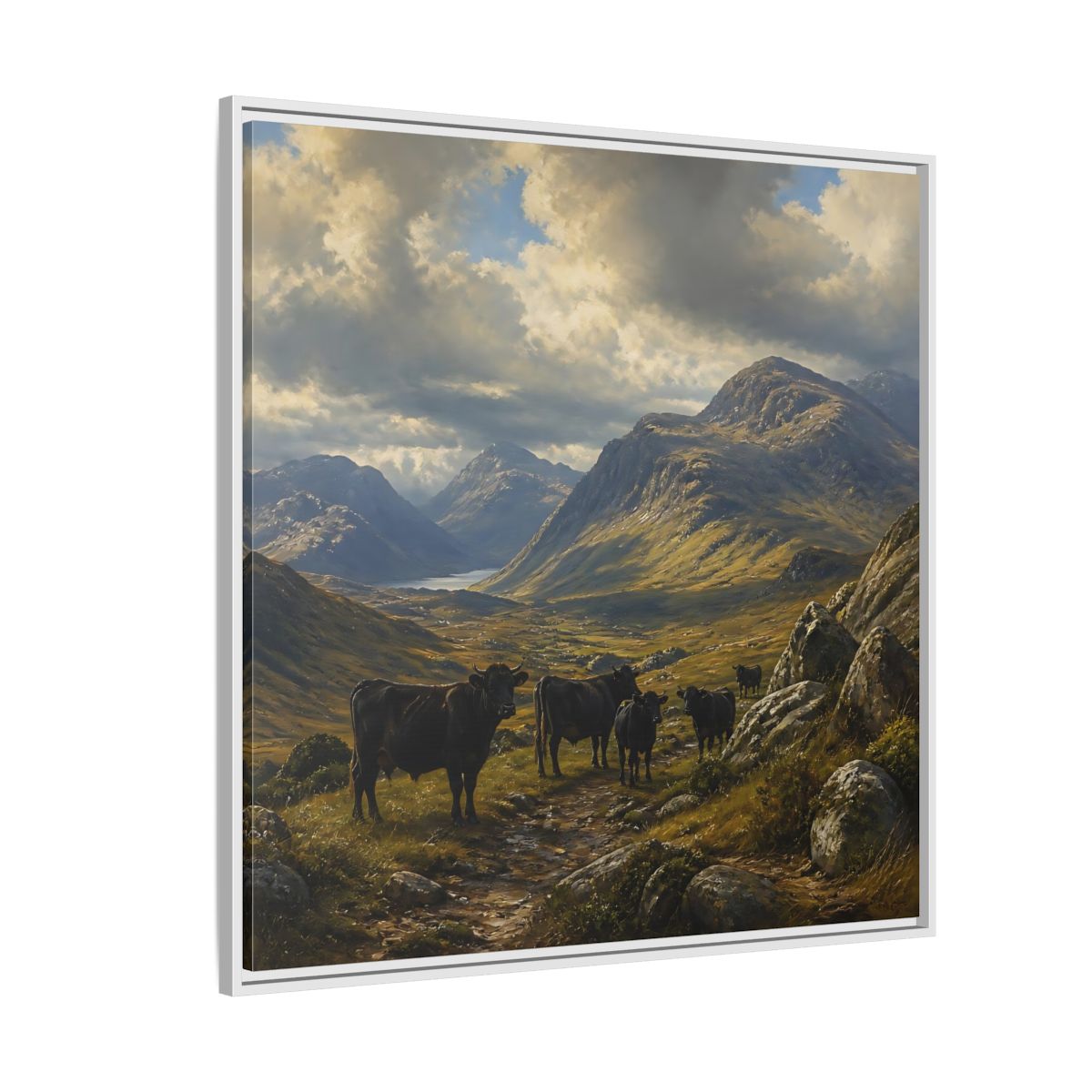 Side Mockup 4. Mountain Landscape With Cattle shown as framed canvas print