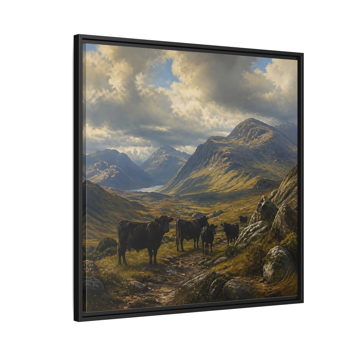 Side Mockup 9. Mountain Landscape With Cattle shown as framed canvas print
