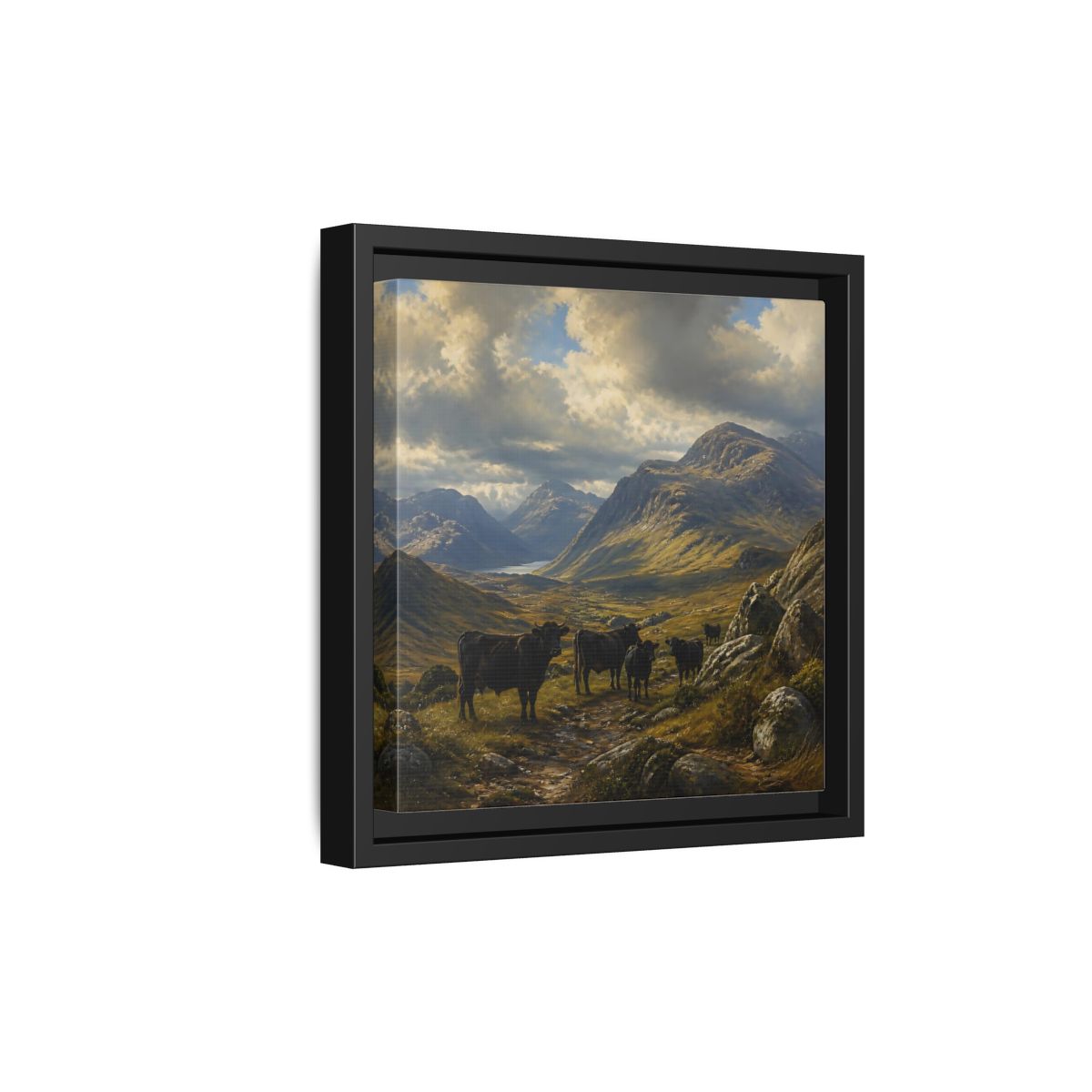 Side Mockup 21. Mountain Landscape With Cattle shown as framed canvas print