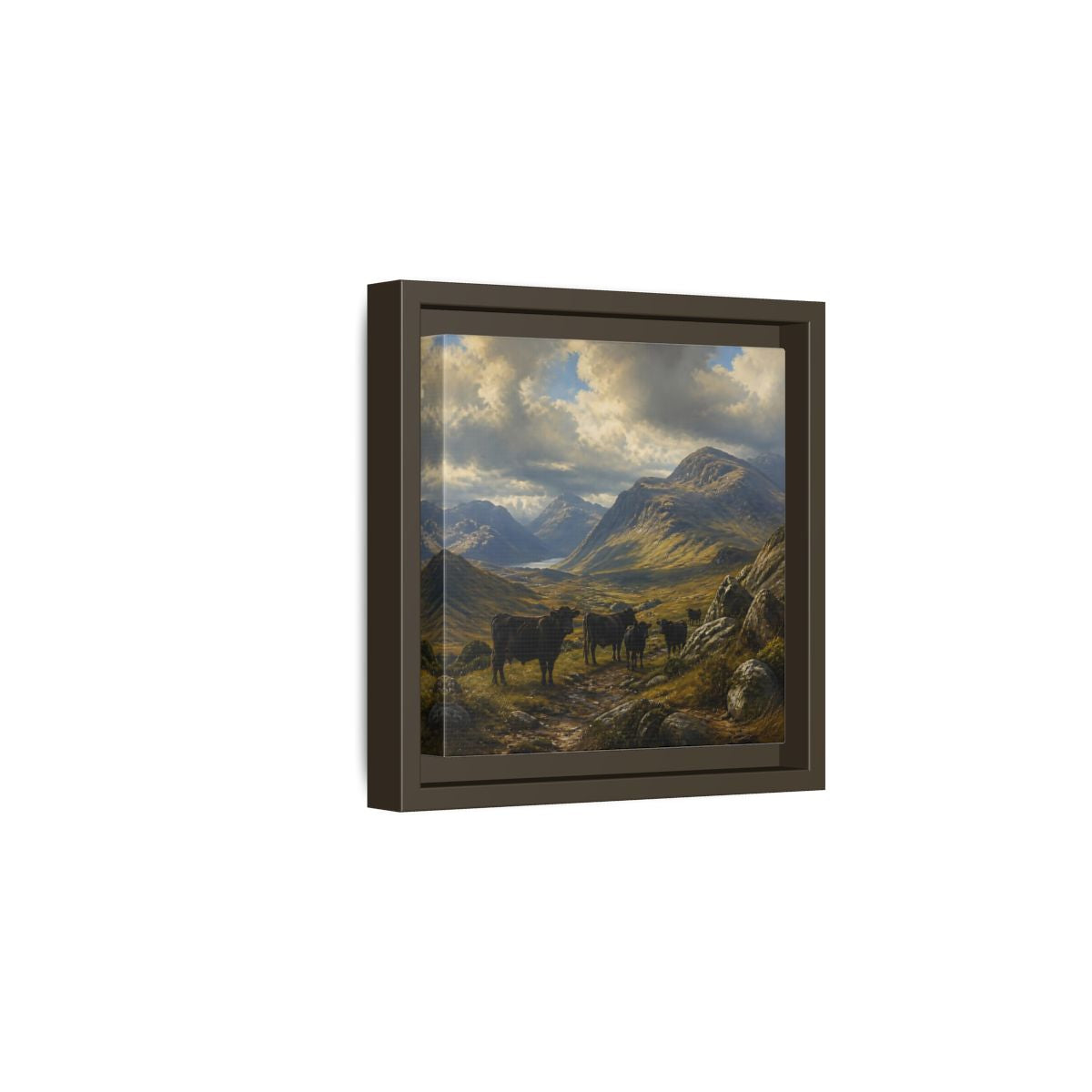 Side Mockup 2. Mountain Landscape With Cattle shown as framed canvas print