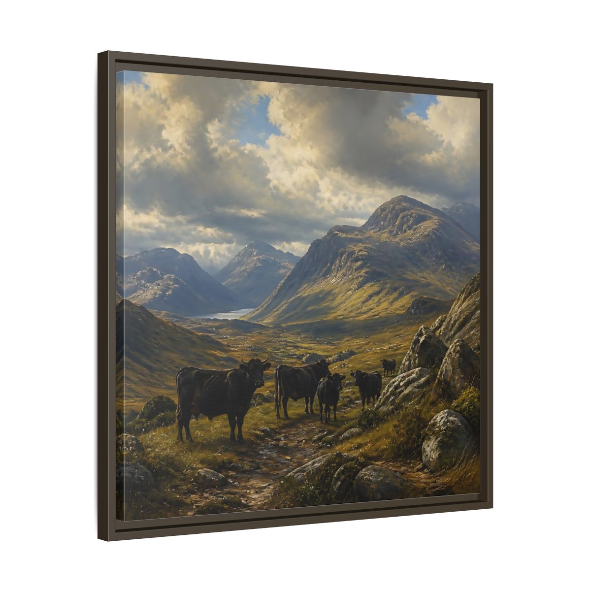 Side Mockup 27. Mountain Landscape With Cattle shown as framed canvas print