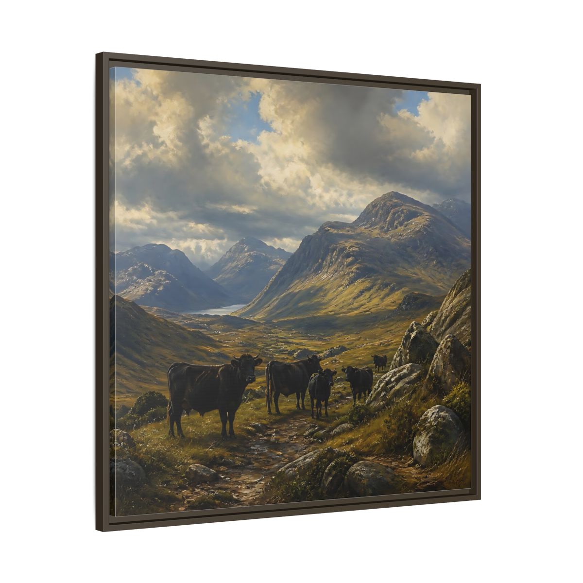 Main Mockup. Mountain Landscape With Cattle shown as framed canvas print