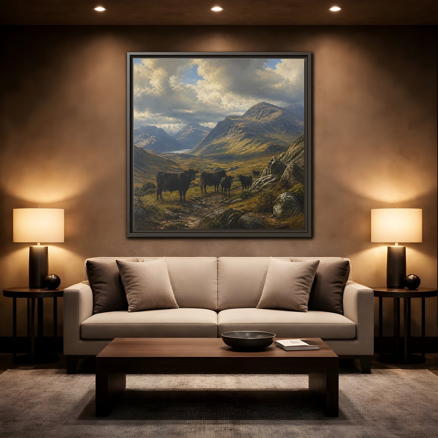 Mockup 2. Mountain Landscape With Cattle shown as framed canvas print