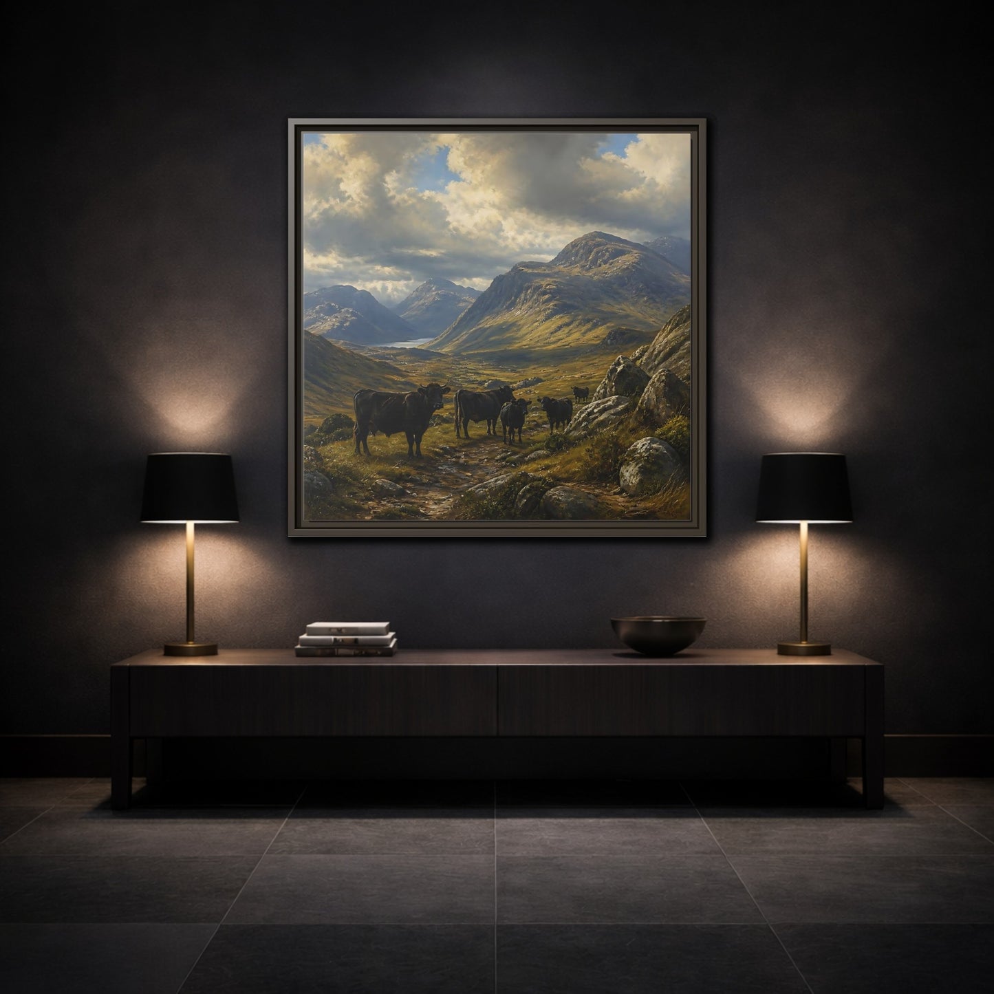 Mockup 3. Mountain Landscape With Cattle shown as framed canvas print