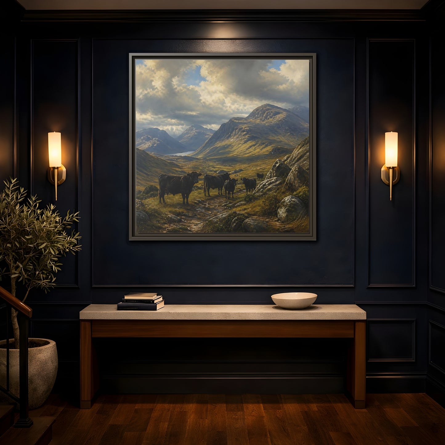 Mockup 4. Mountain Landscape With Cattle shown as framed canvas print