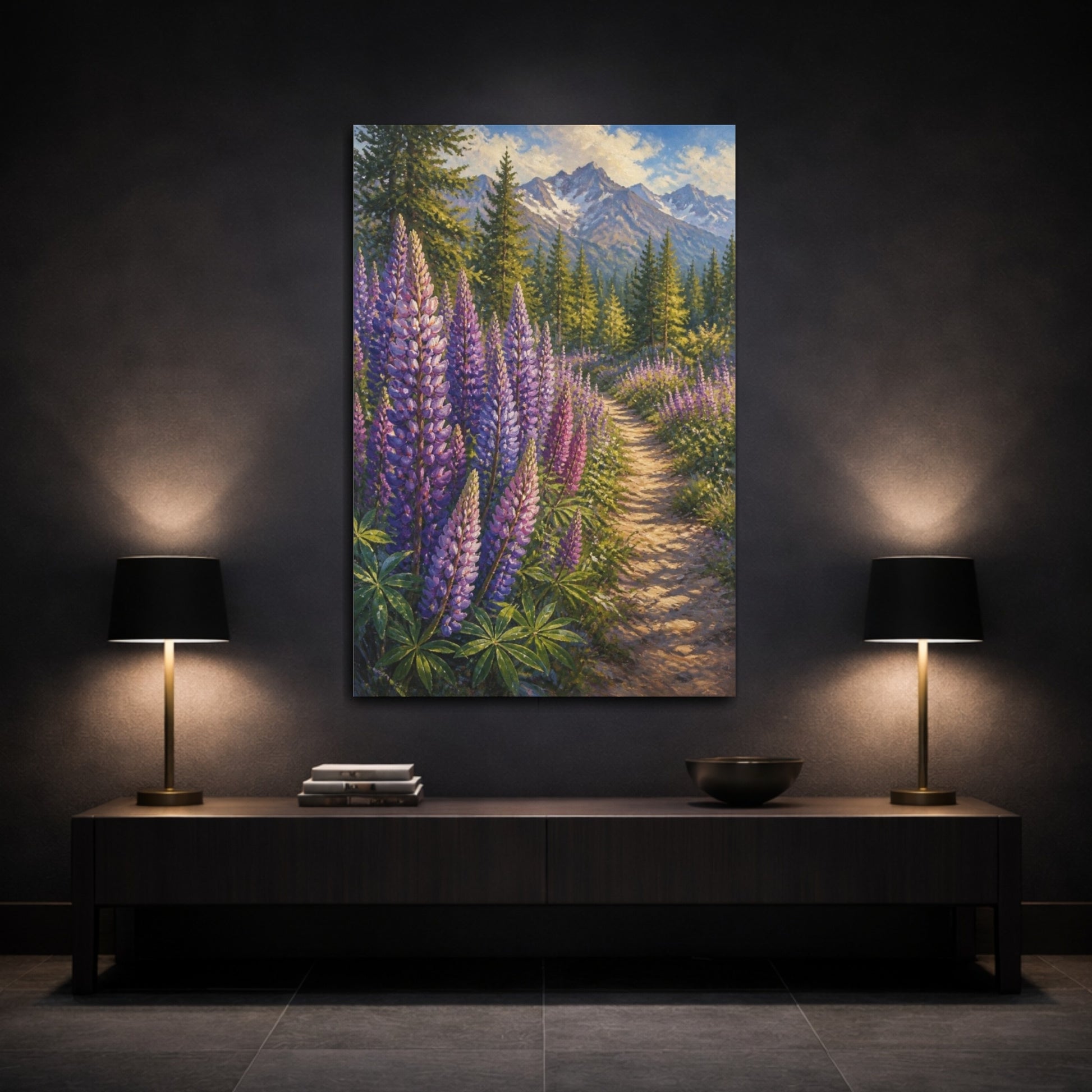Mockup 3. Mountain Lupine Flowers shown as canvas print