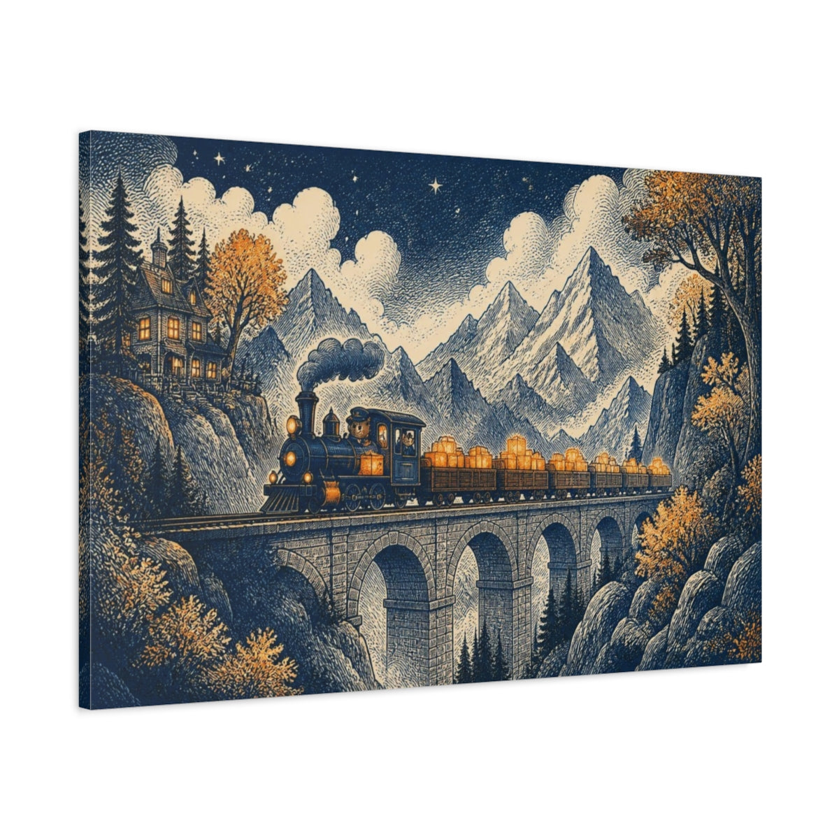 Main Mockup. Mountain Night Train shown as canvas print