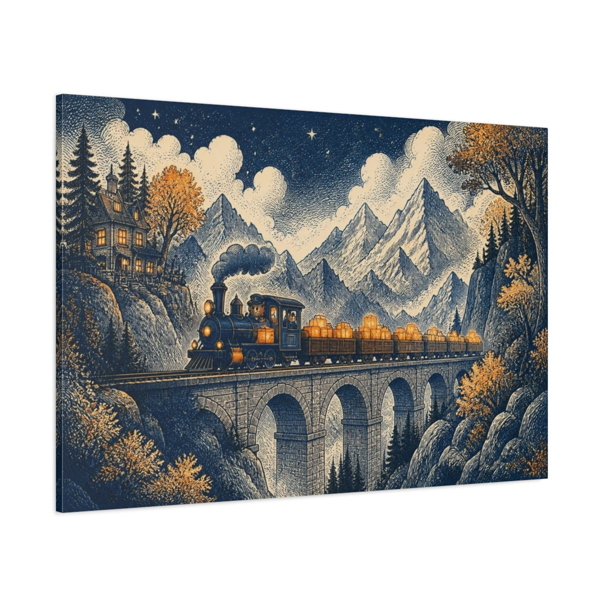 Side Mockup 1. Mountain Night Train shown as canvas print