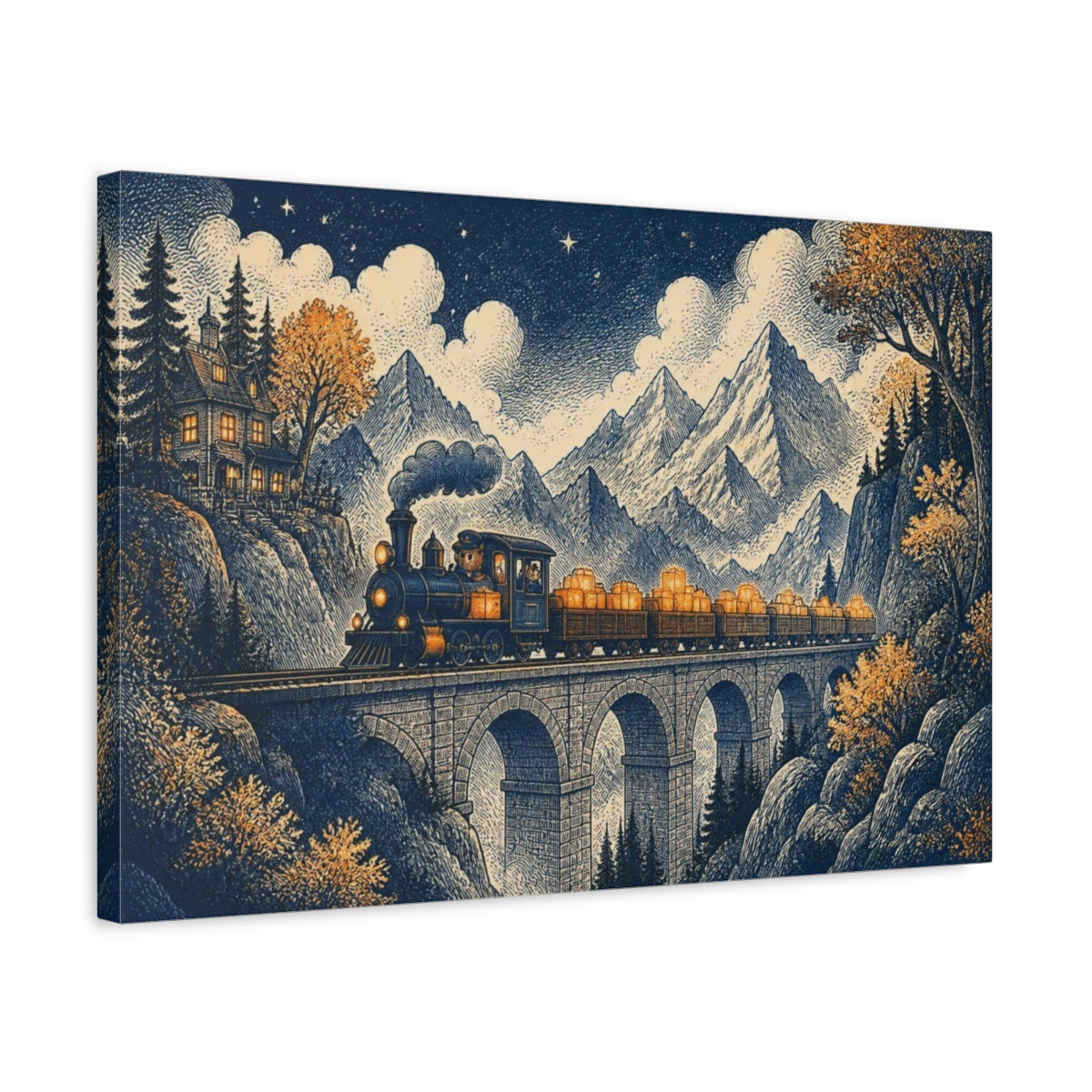 Side Mockup 3. Mountain Night Train shown as canvas print