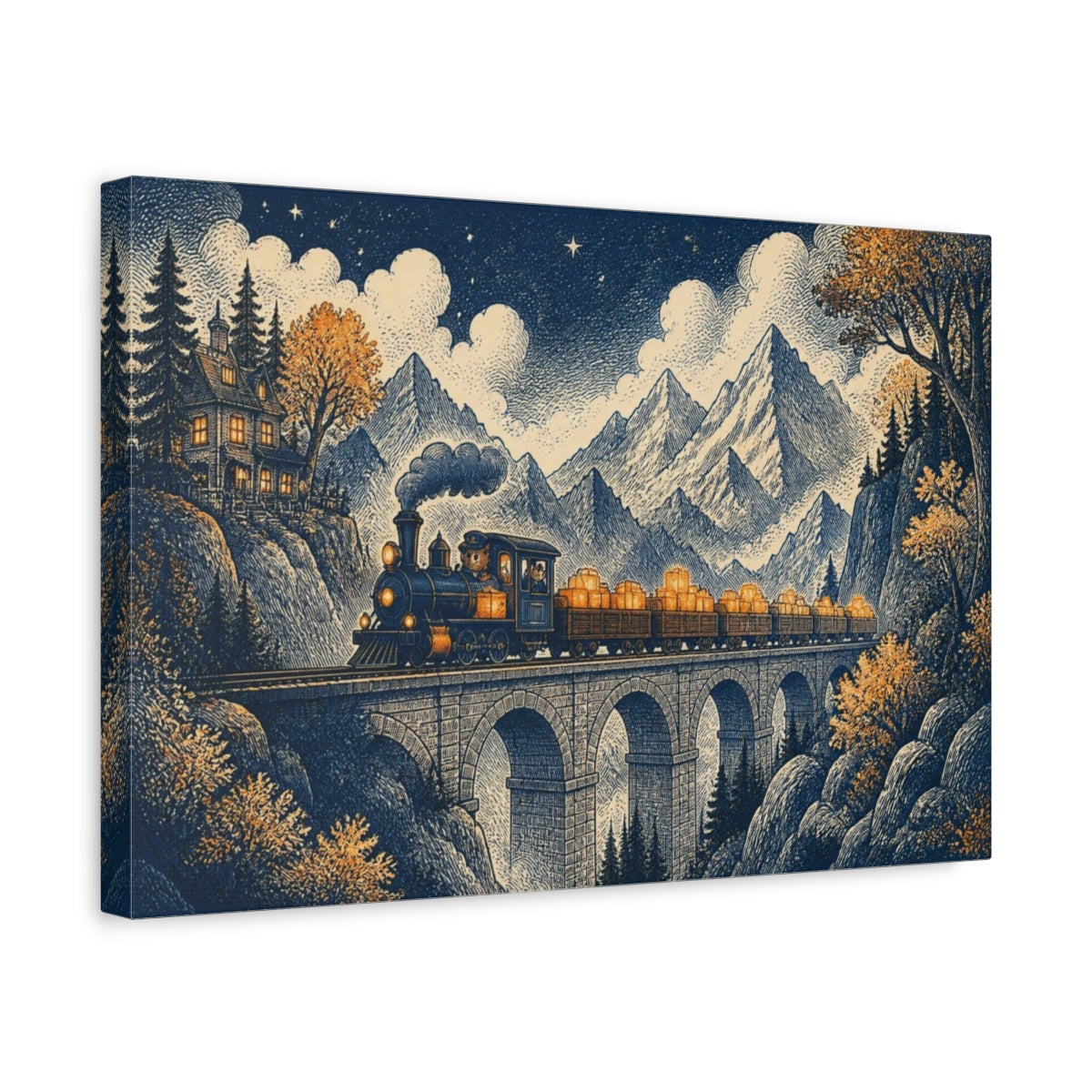 Side Mockup 4. Mountain Night Train shown as canvas print