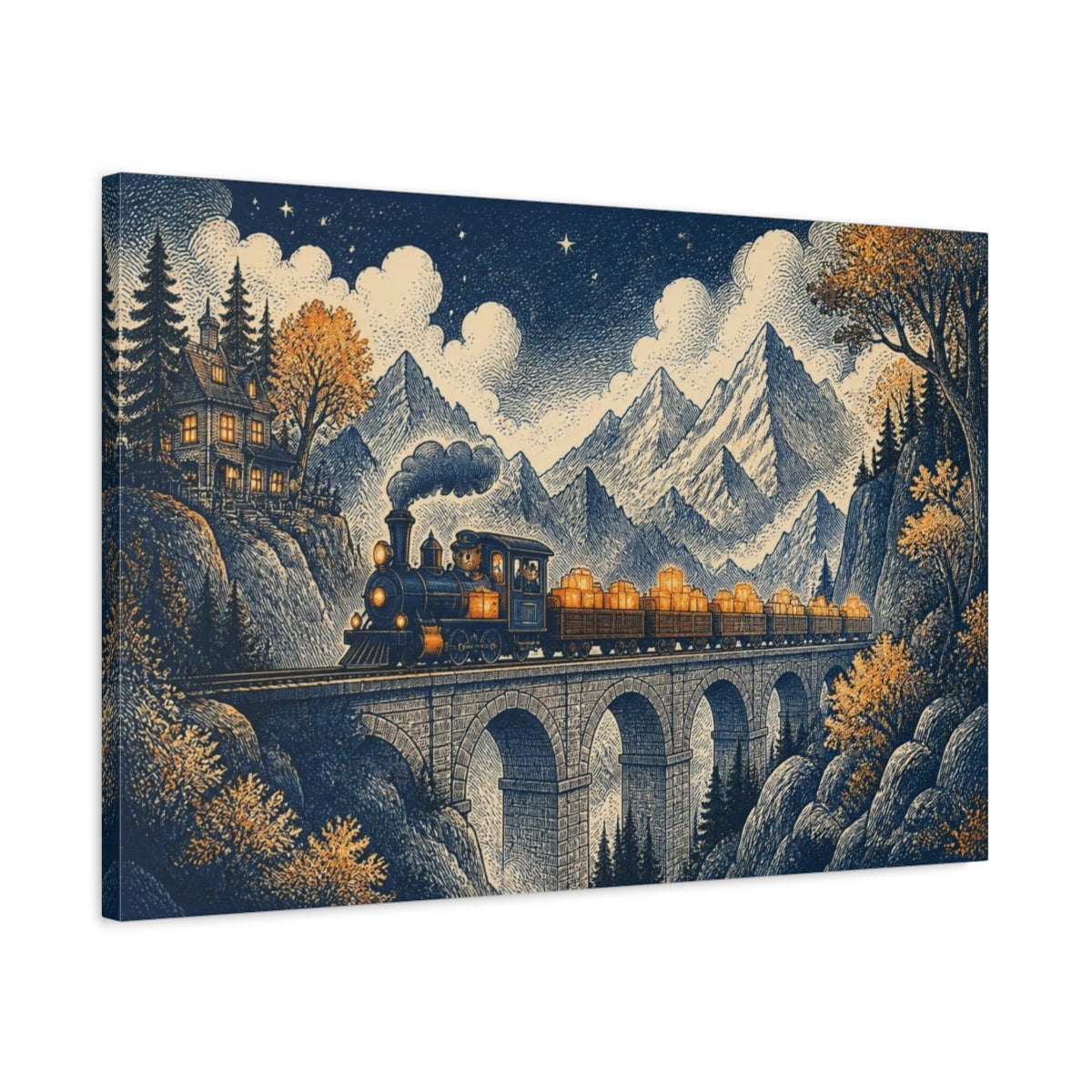 Side Mockup 2. Mountain Night Train shown as canvas print