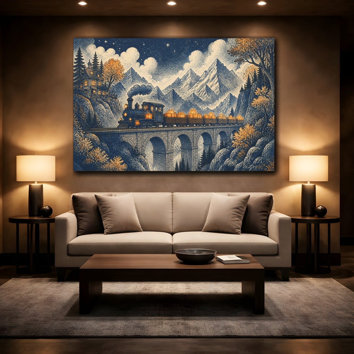 Mockup 2. Mountain Night Train shown as canvas print