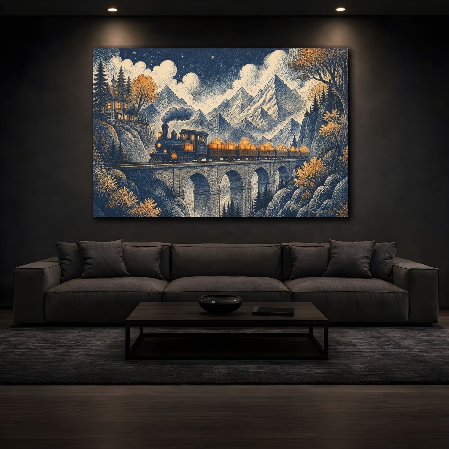 Mockup 3. Mountain Night Train shown as canvas print