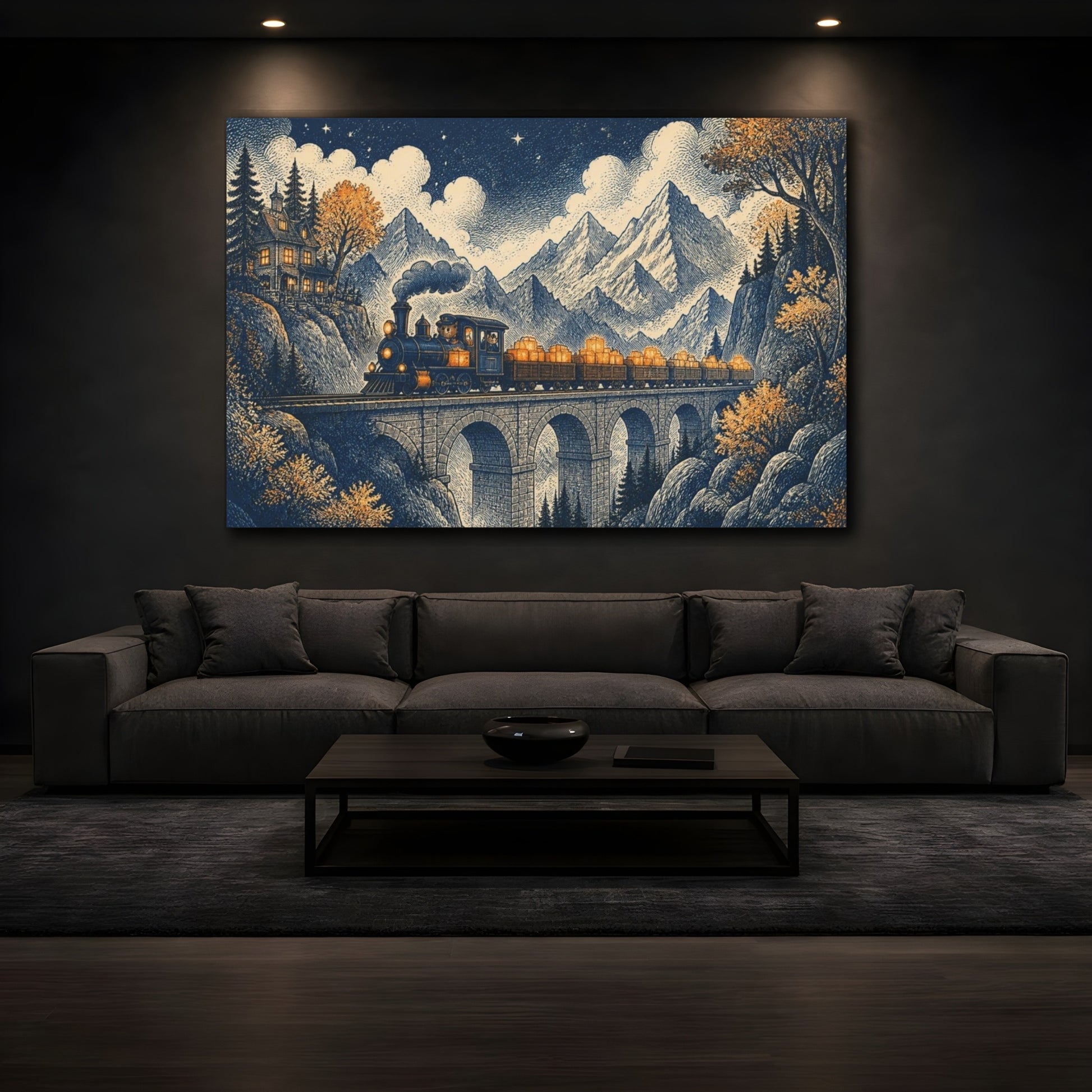 Mockup 3. Mountain Night Train shown as canvas print