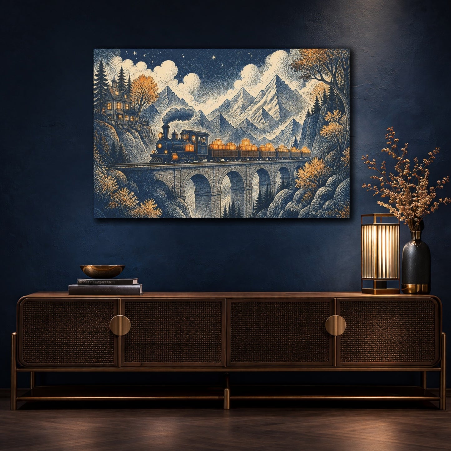 Mockup 4. Mountain Night Train shown as canvas print