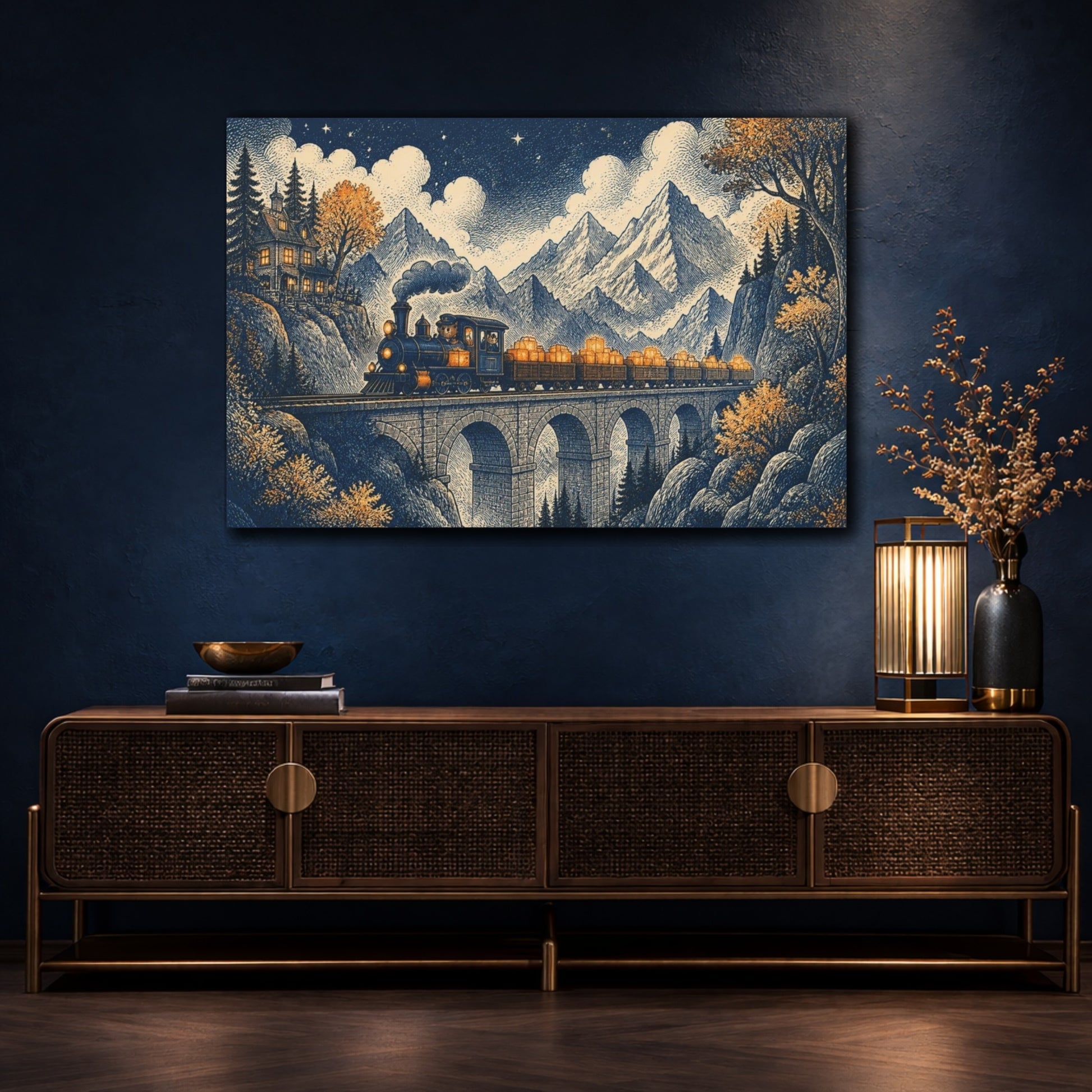 Mockup 4. Mountain Night Train shown as canvas print