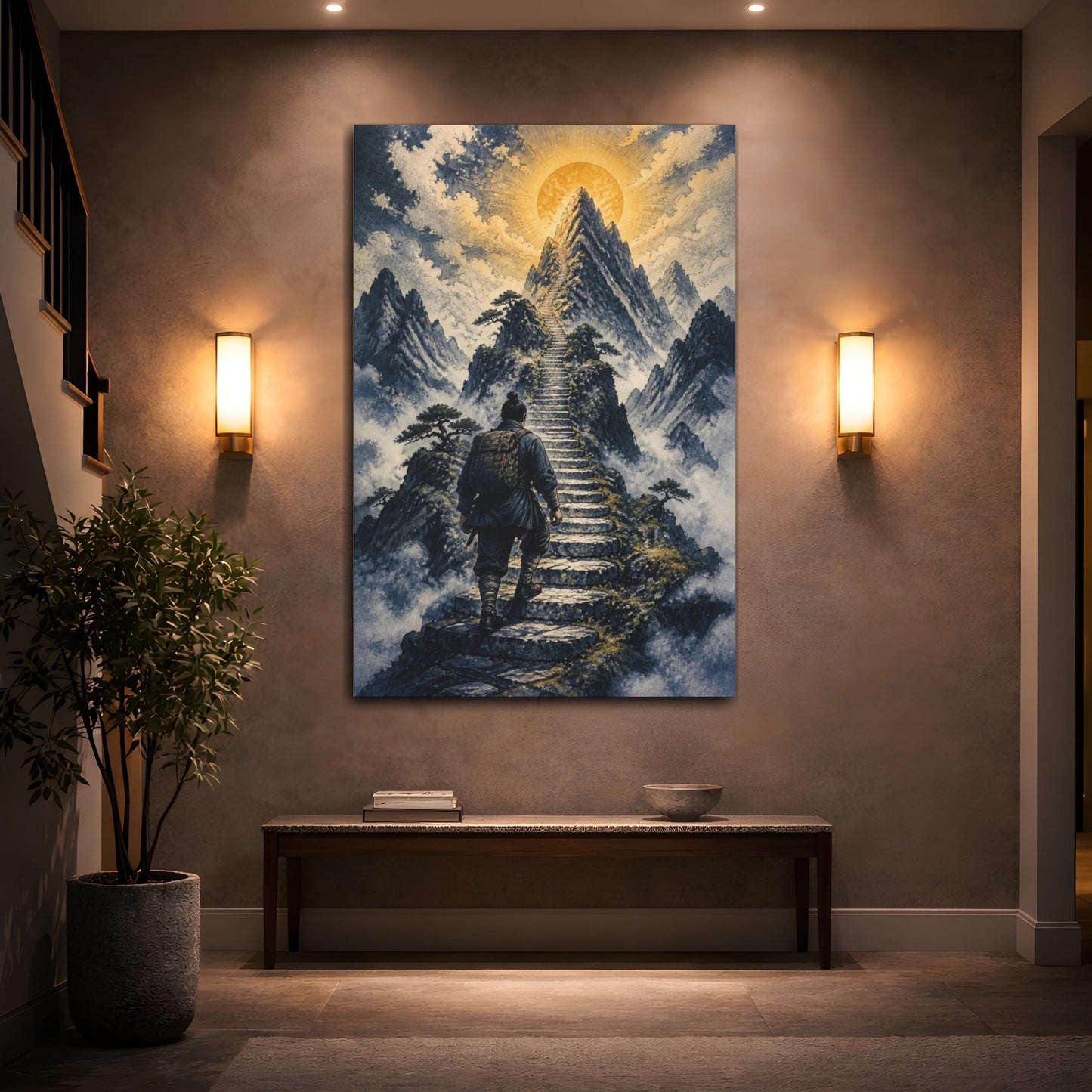 Mockup 2. Mountain Stairway Motivation shown as canvas print