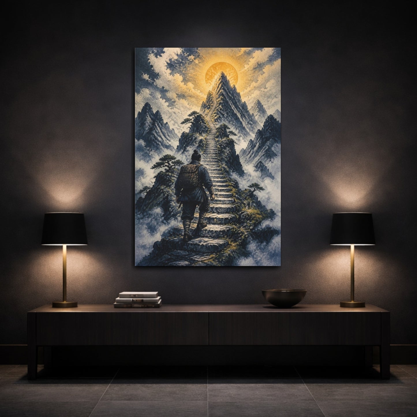 Mockup 3. Mountain Stairway Motivation shown as canvas print