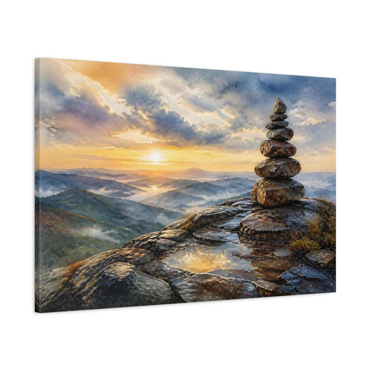 Main Mockup. Mountain Sunrise Cairn shown as canvas print