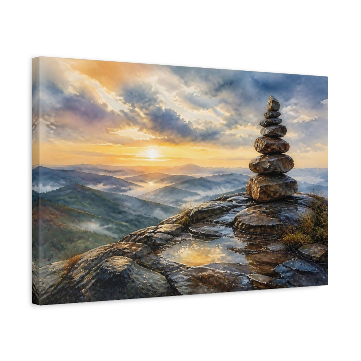 Side Mockup 3. Mountain Sunrise Cairn shown as canvas print