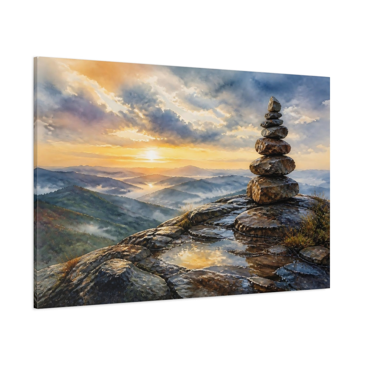 Side Mockup 1. Mountain Sunrise Cairn shown as canvas print