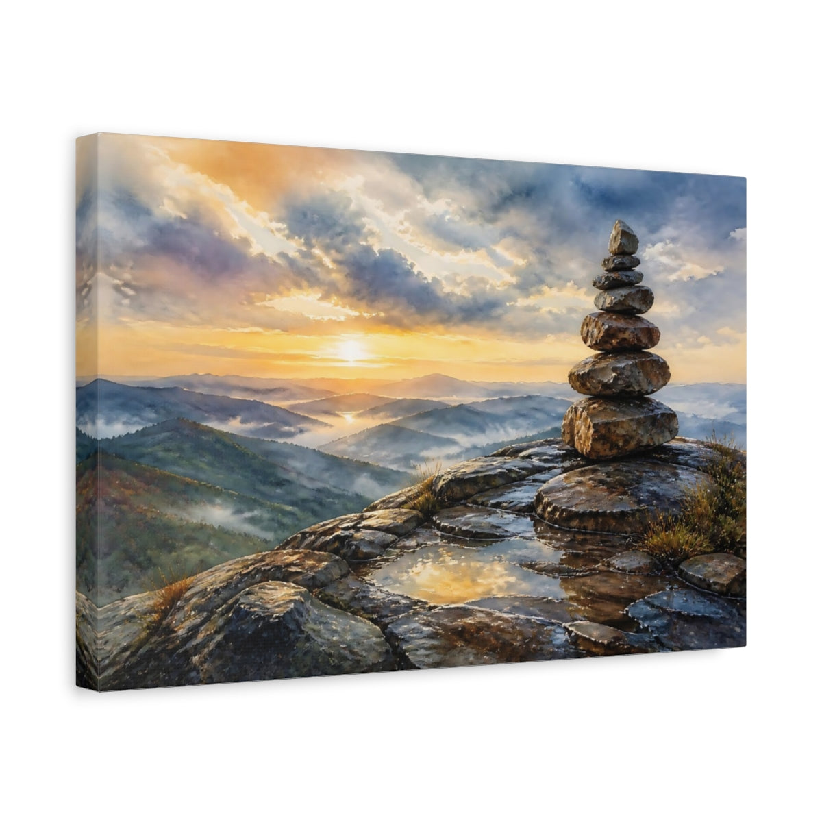 Side Mockup 4. Mountain Sunrise Cairn shown as canvas print