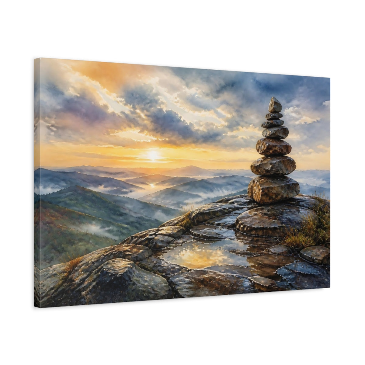 Side Mockup 2. Mountain Sunrise Cairn shown as canvas print