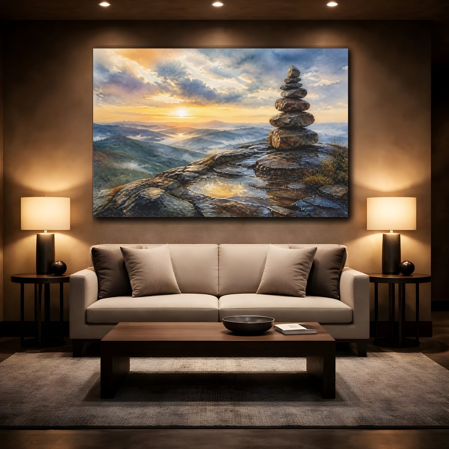 Mockup 2. Mountain Sunrise Cairn shown as canvas print