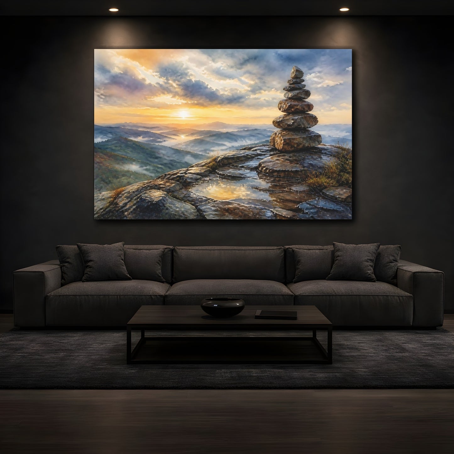 Mockup 3. Mountain Sunrise Cairn shown as canvas print