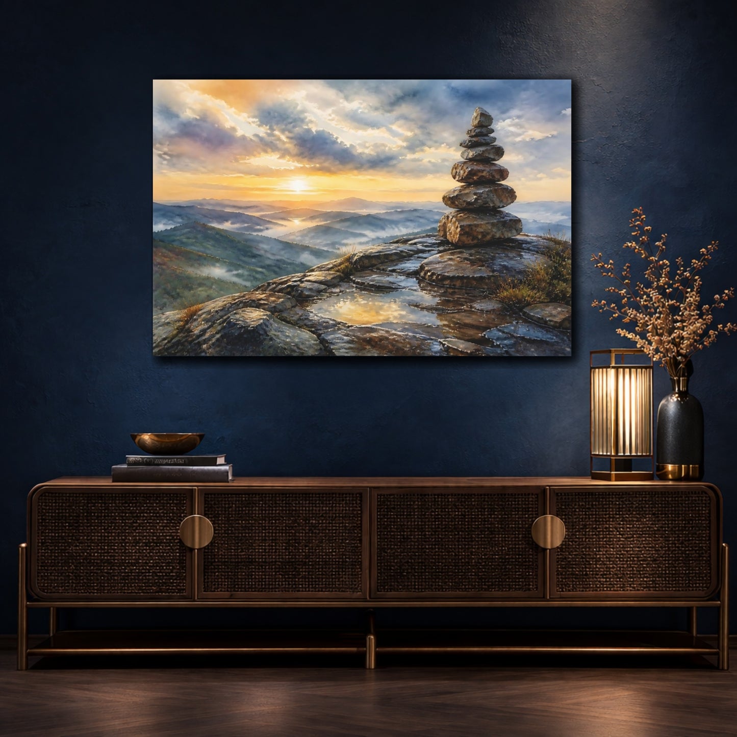 Mockup 4. Mountain Sunrise Cairn shown as canvas print