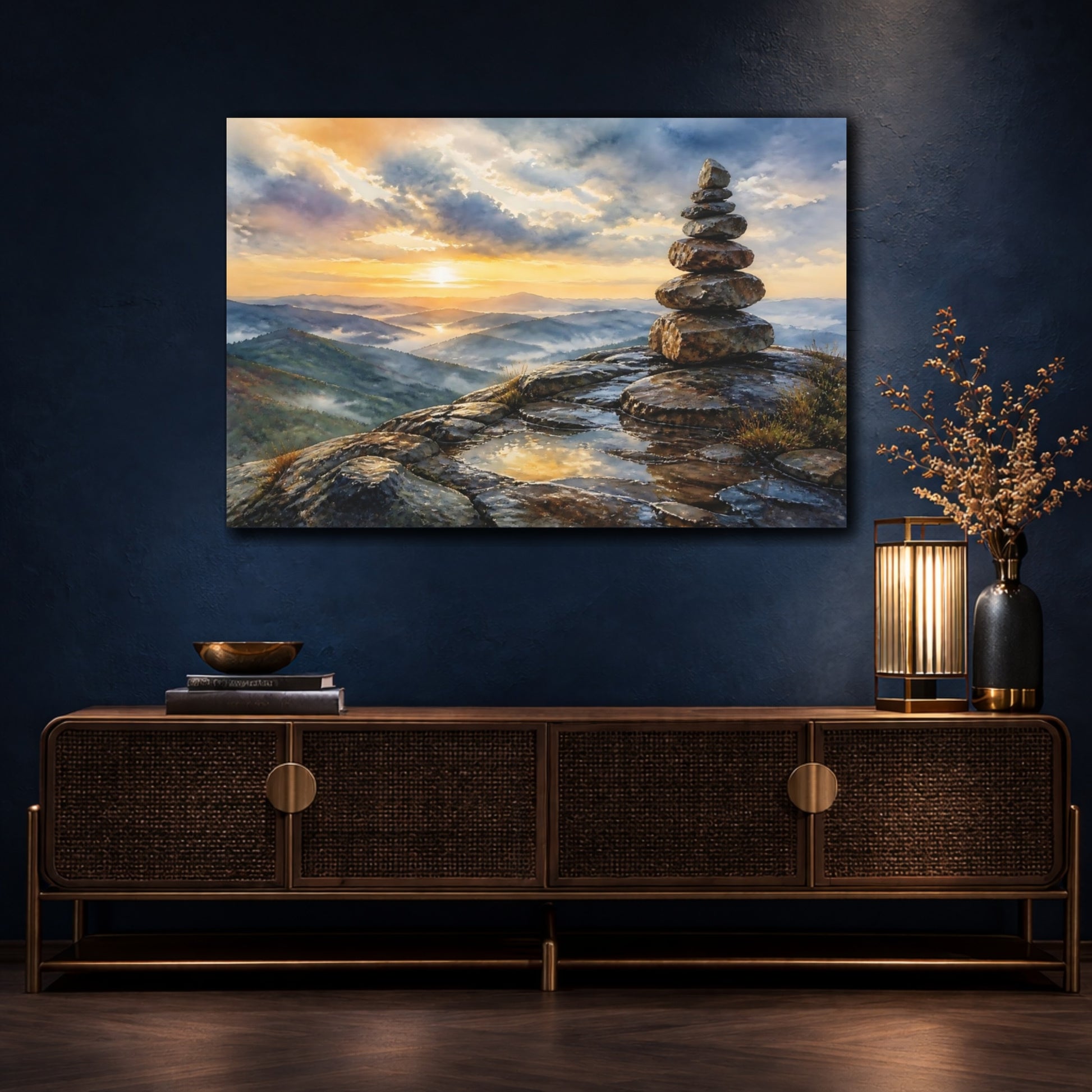 Mockup 4. Mountain Sunrise Cairn shown as canvas print