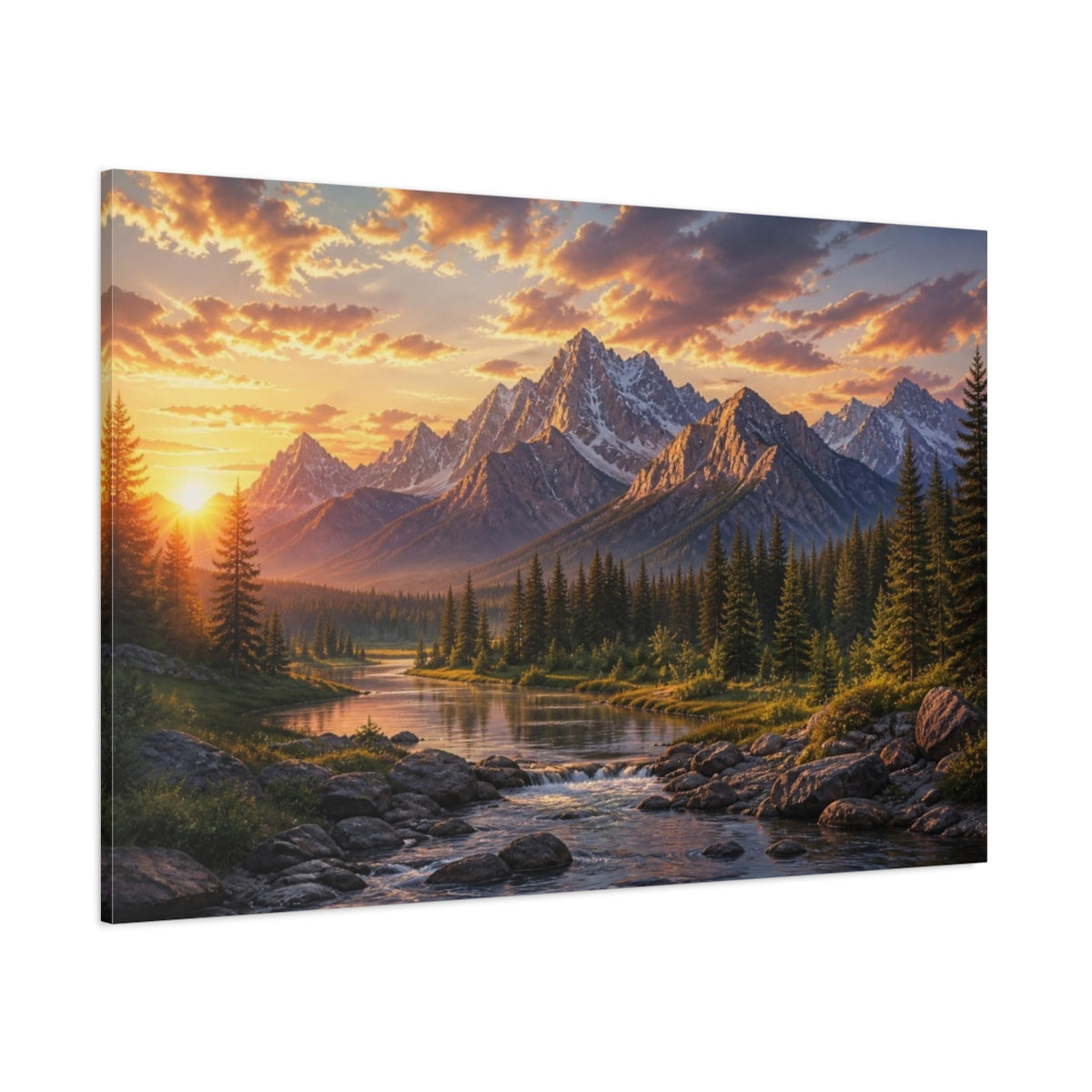 Side Mockup 1. Mountain Sunrise Landscape shown as canvas print