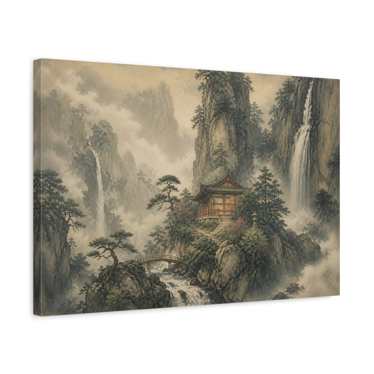 Side Mockup 3. Mountain Temple At Waterfalls shown as canvas print