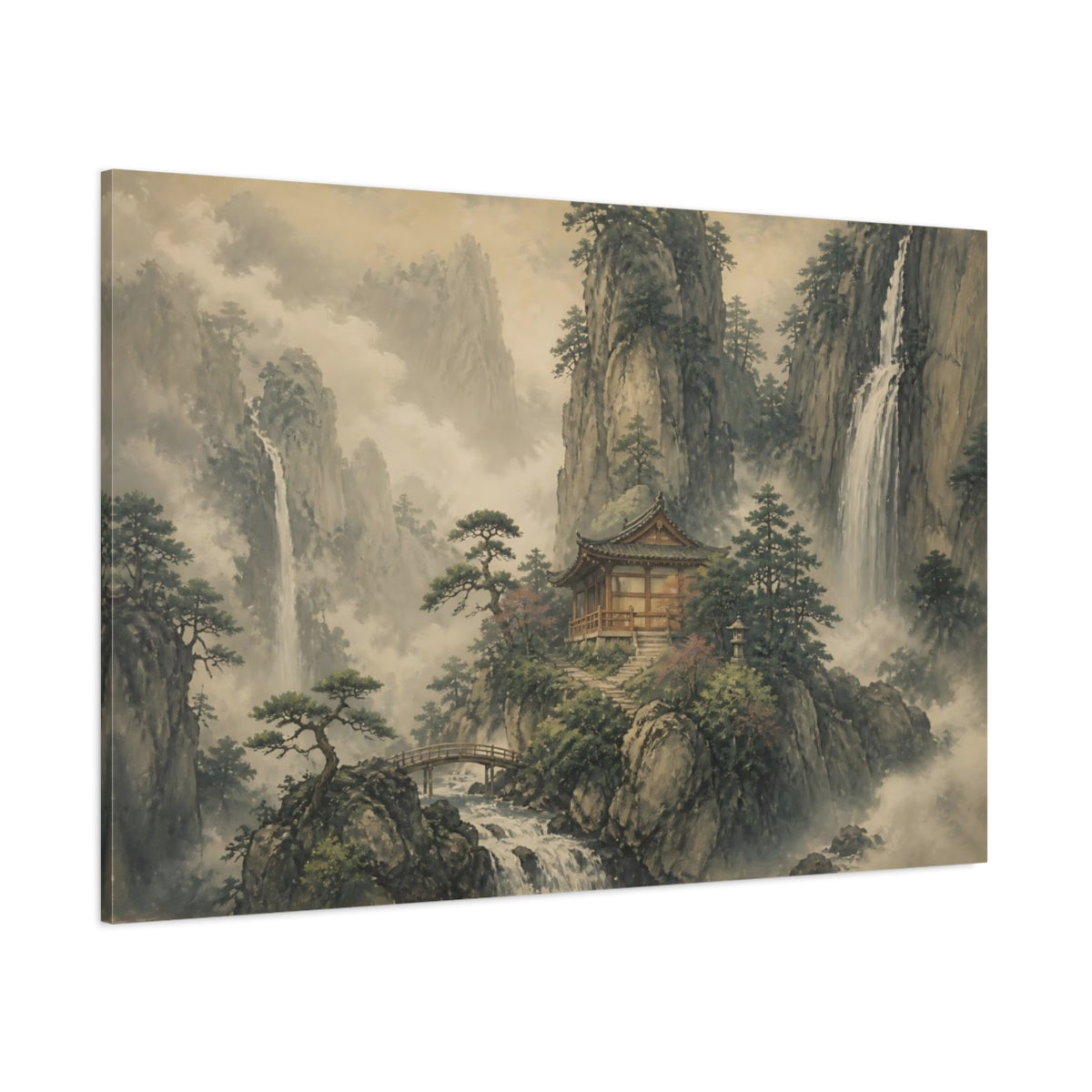 Side Mockup 1. Mountain Temple At Waterfalls shown as canvas print
