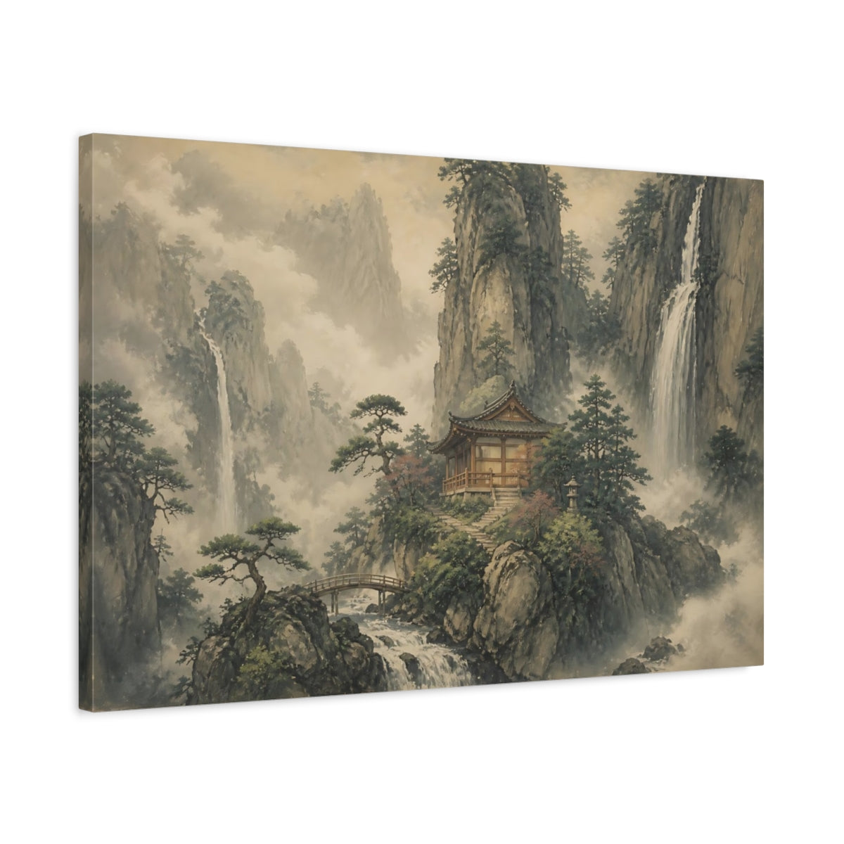 Side Mockup 2. Mountain Temple At Waterfalls shown as canvas print