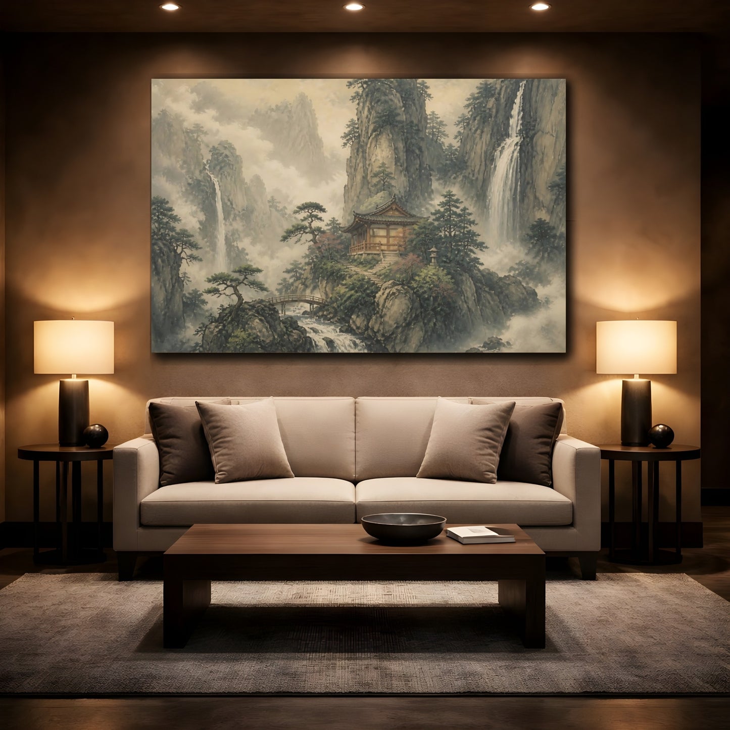 Mockup 2. Mountain Temple At Waterfalls shown as canvas print