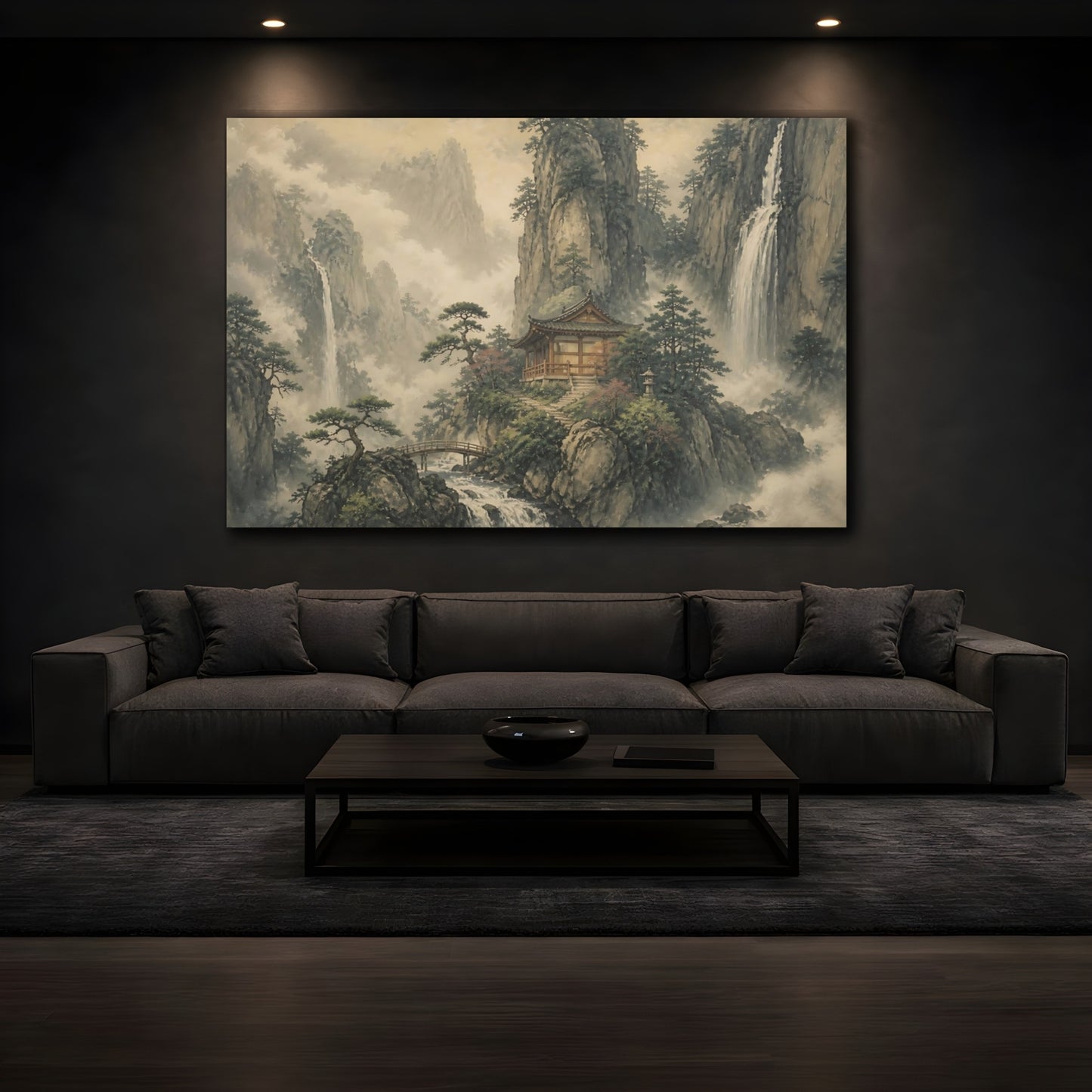 Mockup 3. Mountain Temple At Waterfalls shown as canvas print
