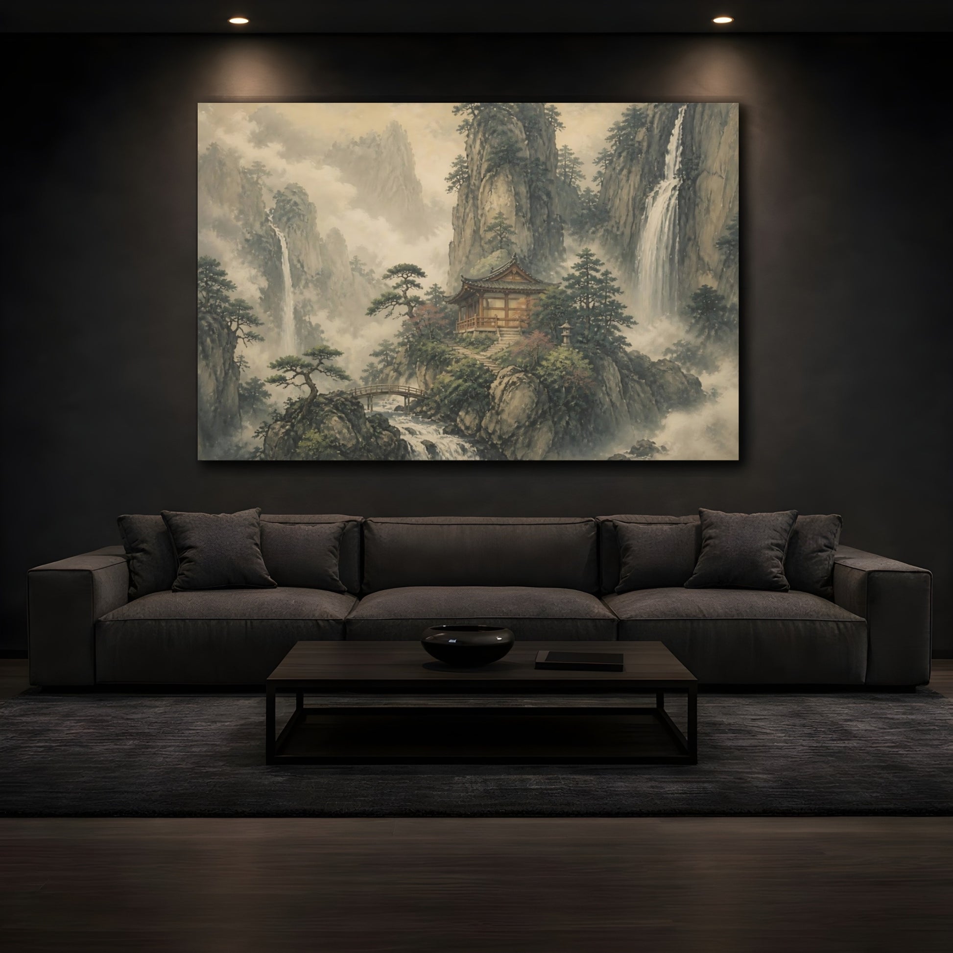 Mockup 3. Mountain Temple At Waterfalls shown as canvas print
