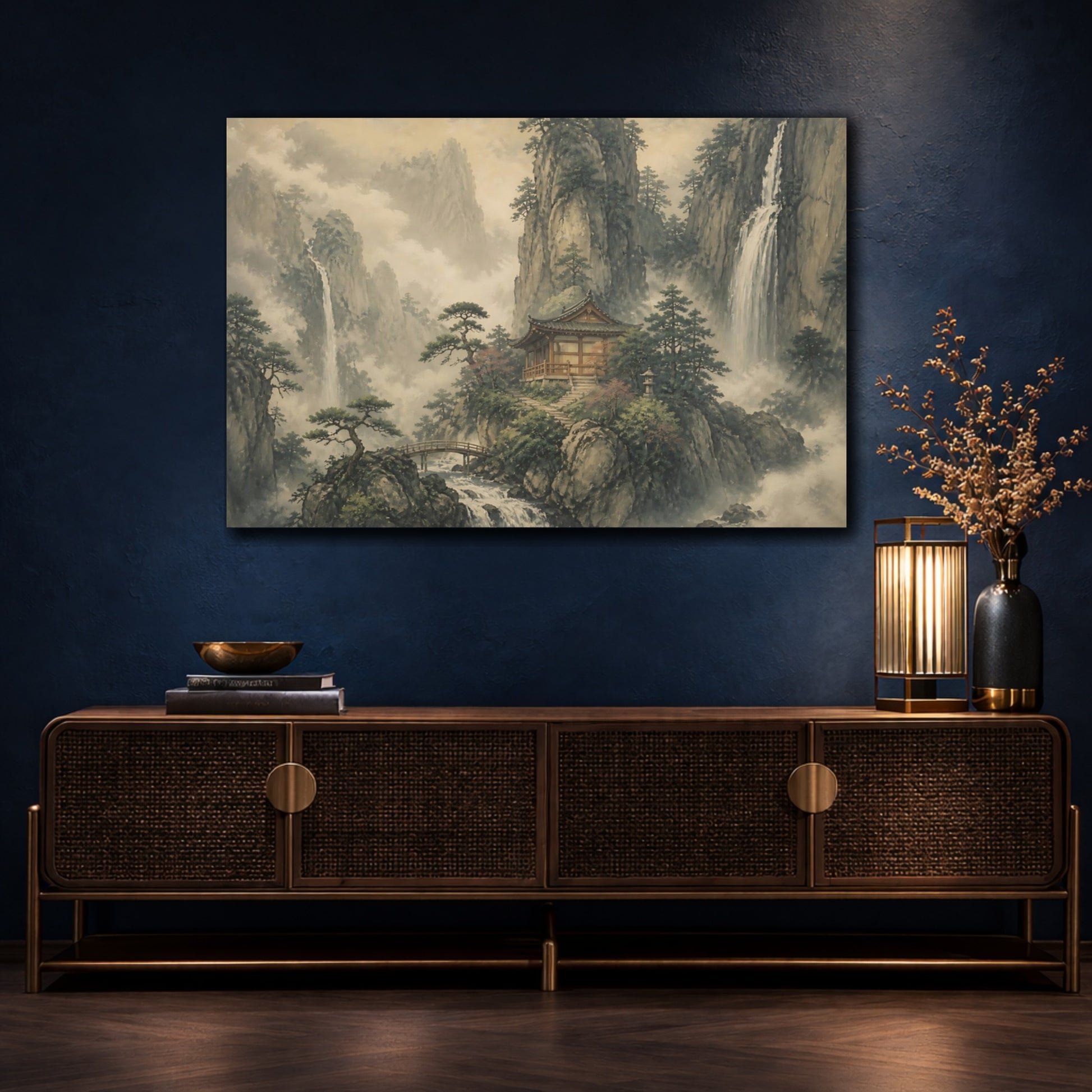 Mockup 4. Mountain Temple At Waterfalls shown as canvas print