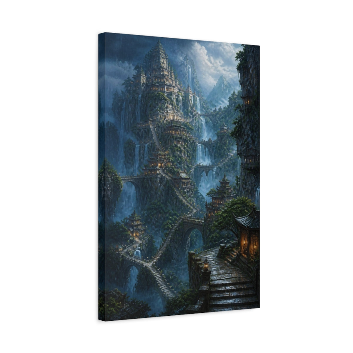 Side Mockup 3. Mountain Temple Citadel shown as canvas print